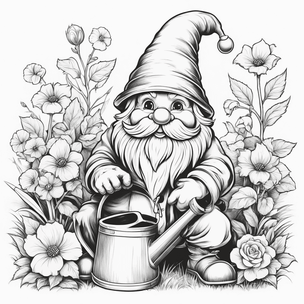 garden gnome holding a watering can cartoon style like a coloring book page