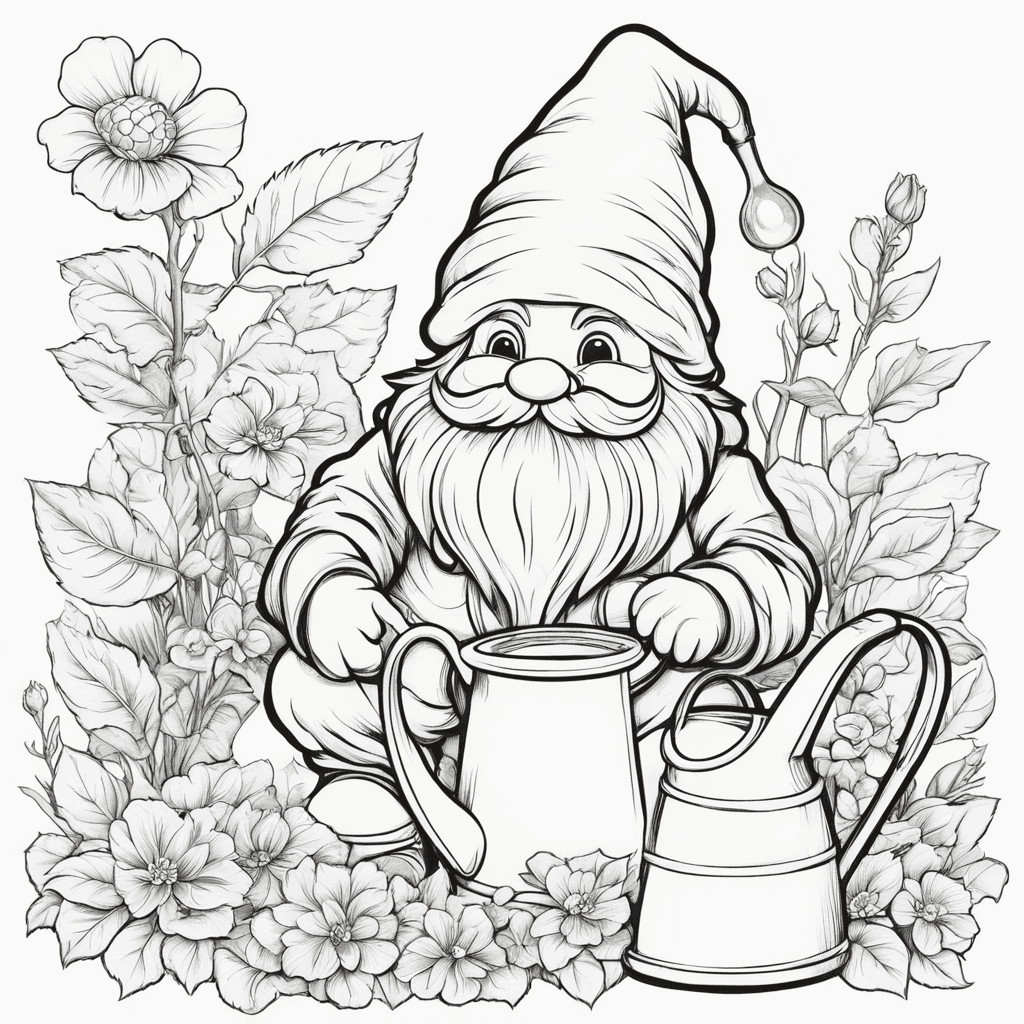 coloring book page of a cute garden gnome holding a watering can cartoon style