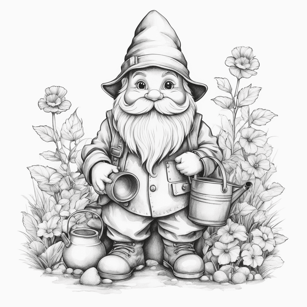 coloring book page of a cute garden gnome holding a watering can cartoon style