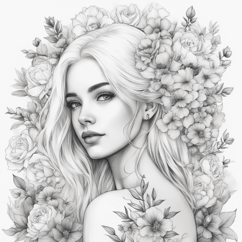 Girl with white hair, full body, surrounded by flowers
