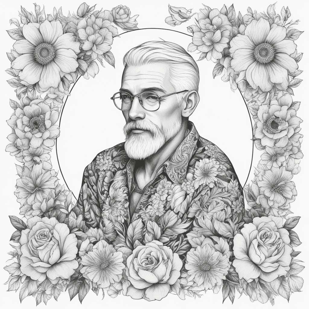 Man with white hair, full body, surrounded by flowers