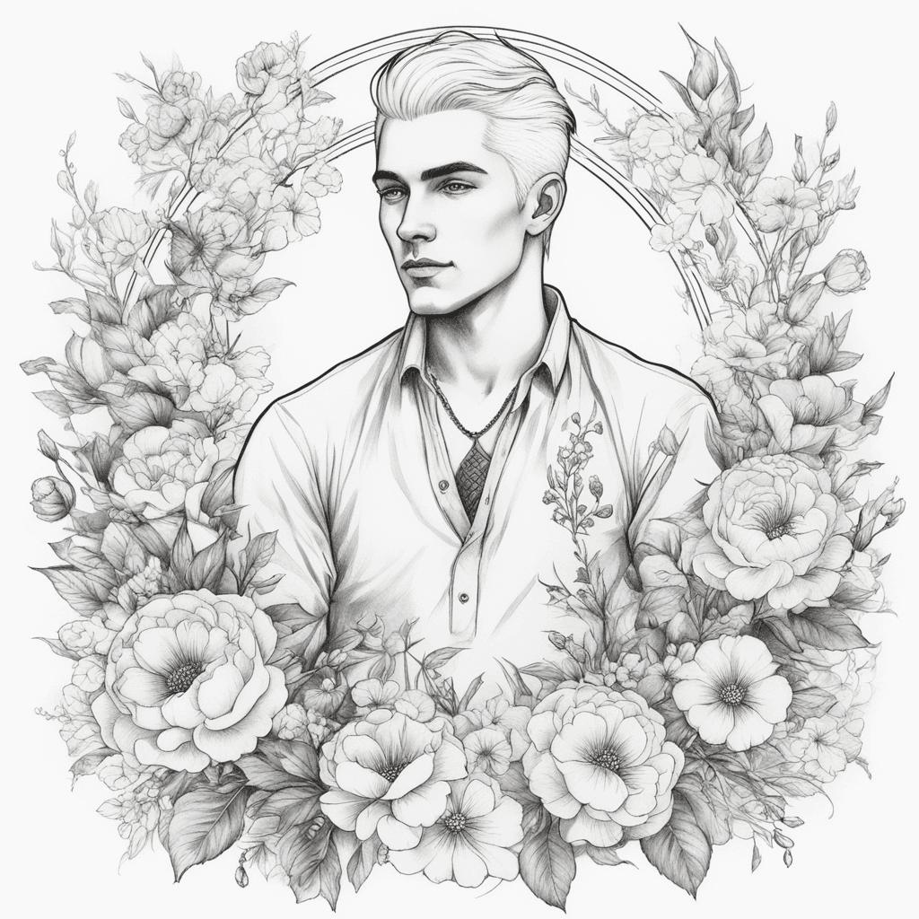 Young man with white hair, full body, surrounded by flowers