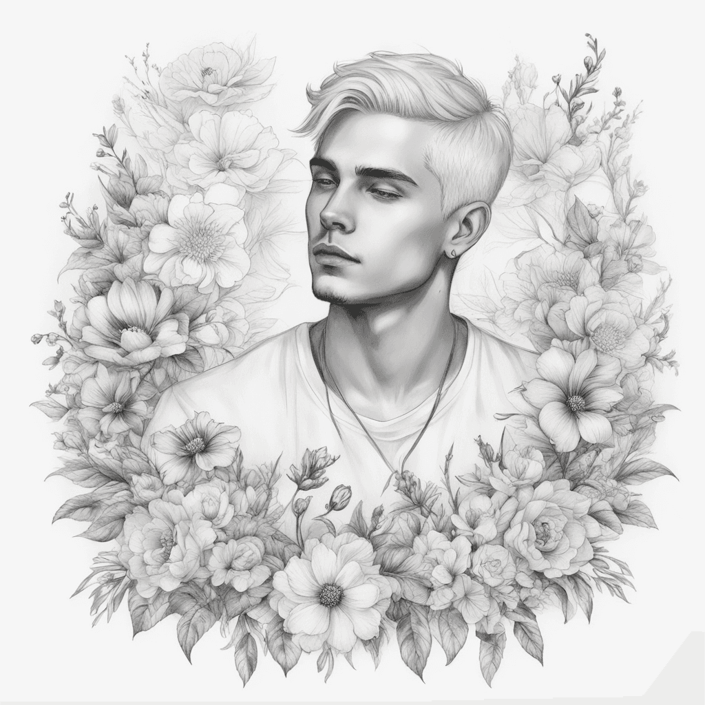 Young man with white hair, full body, surrounded by flowers