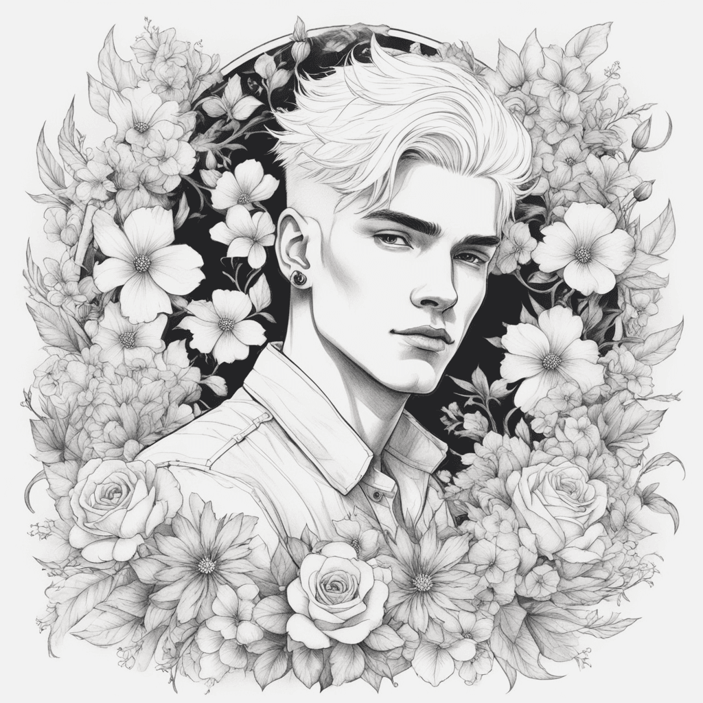 Young man with white hair, full body, surrounded by flowers