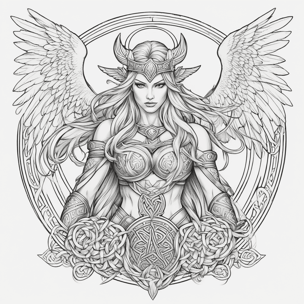 Norse mythology busty Valkyrie with Celtic filler on forearm