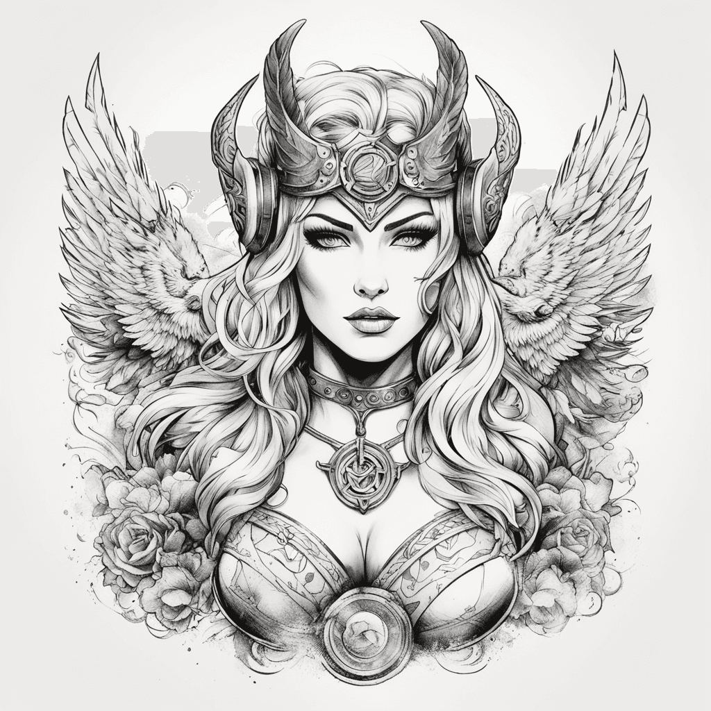 Norse mythology busty Valkyrie in trash polka style