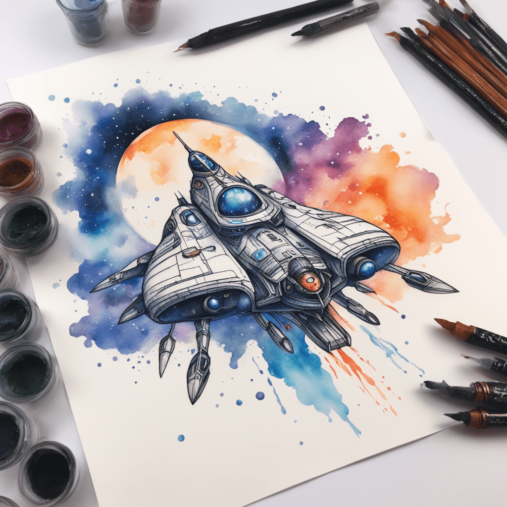 MAKE A ARTISTIC DRAW WITH A SPACESHIP LANDING IN A VILLAGE