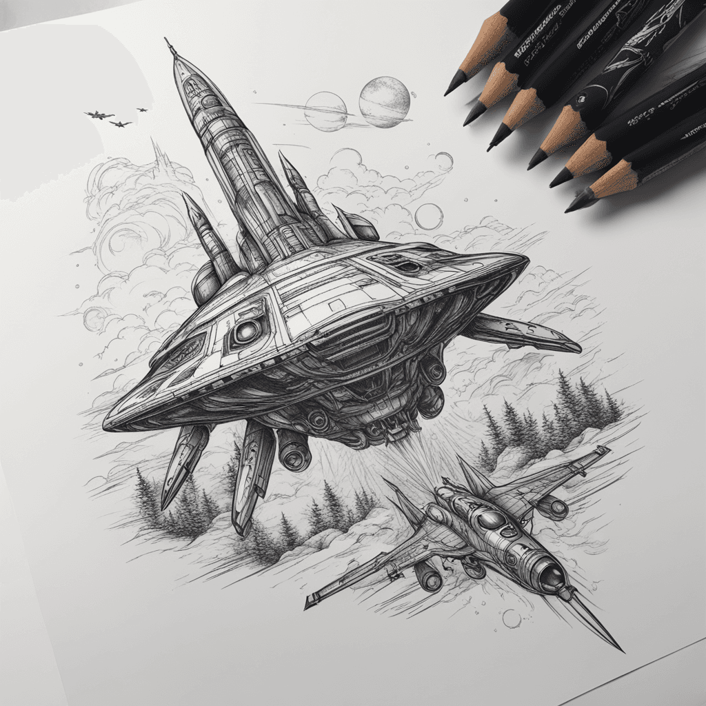 MAKE A ARTISTIC DRAW WITH A SPACESHIP LANDING IN A VILLAGE