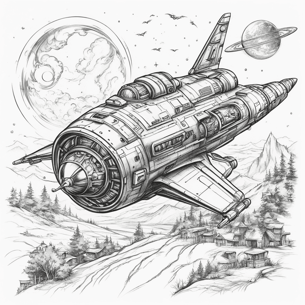 MAKE A ARTISTIC DRAW WITH A SPACESHIP LANDING IN A VILLAGE