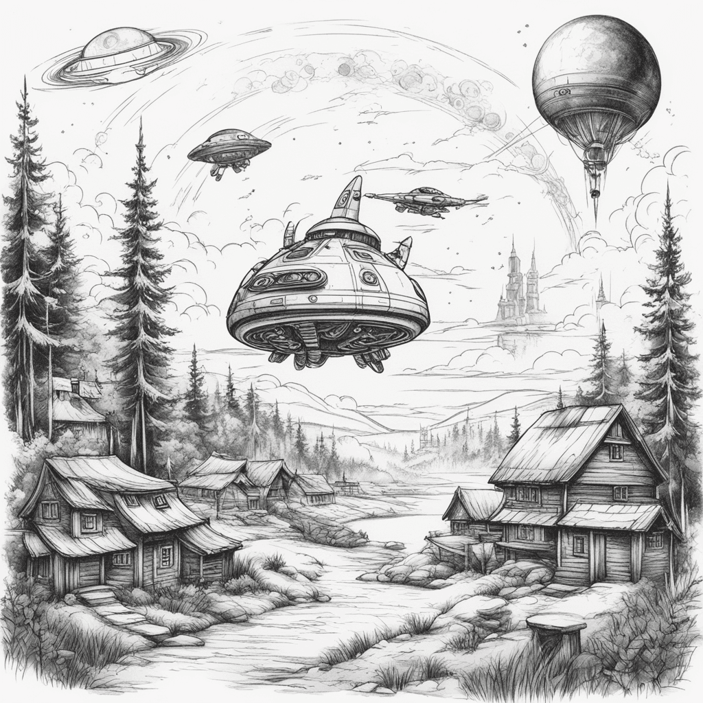 MAKE A ARTISTIC DRAW WITH A SPACESHIP LANDING IN A VILLAGE