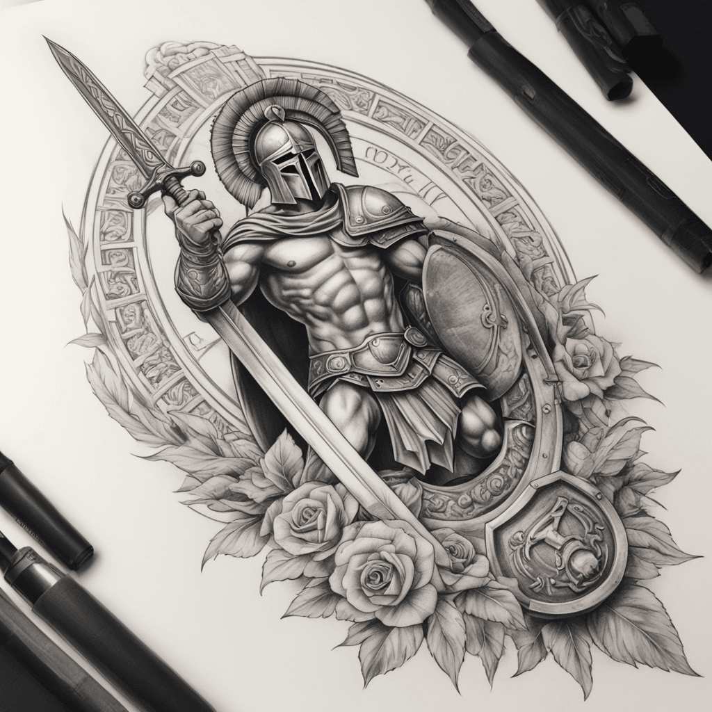 Spartan sleeve with sword and shield and roman architecture