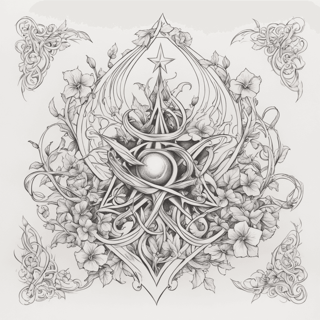 Sketch style tattoo of a womb with a spade symbol as the focal point and a star vine wrapping around it