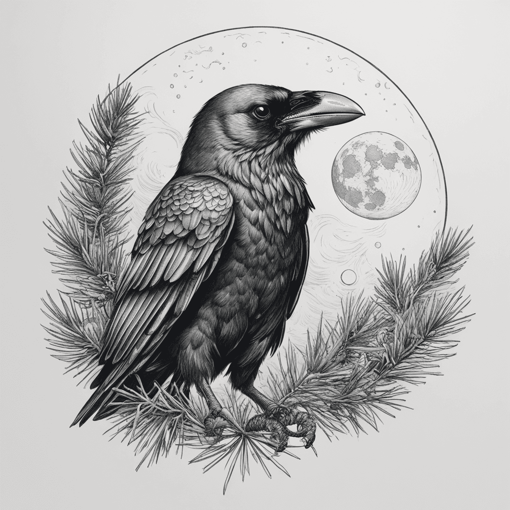A crow holding an Open pine cone with the moon as background behind the crows head