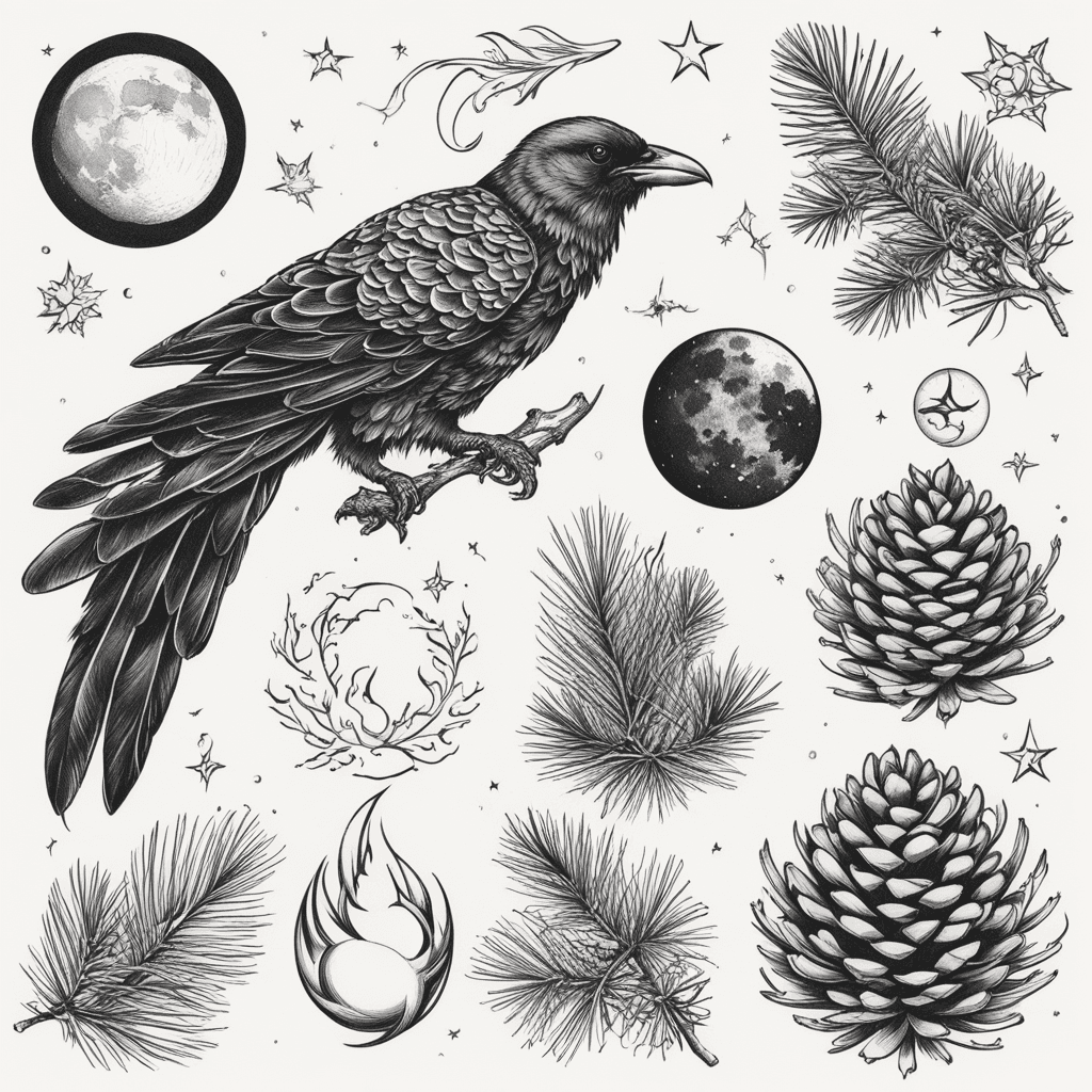 Open pine cone, crow, moon