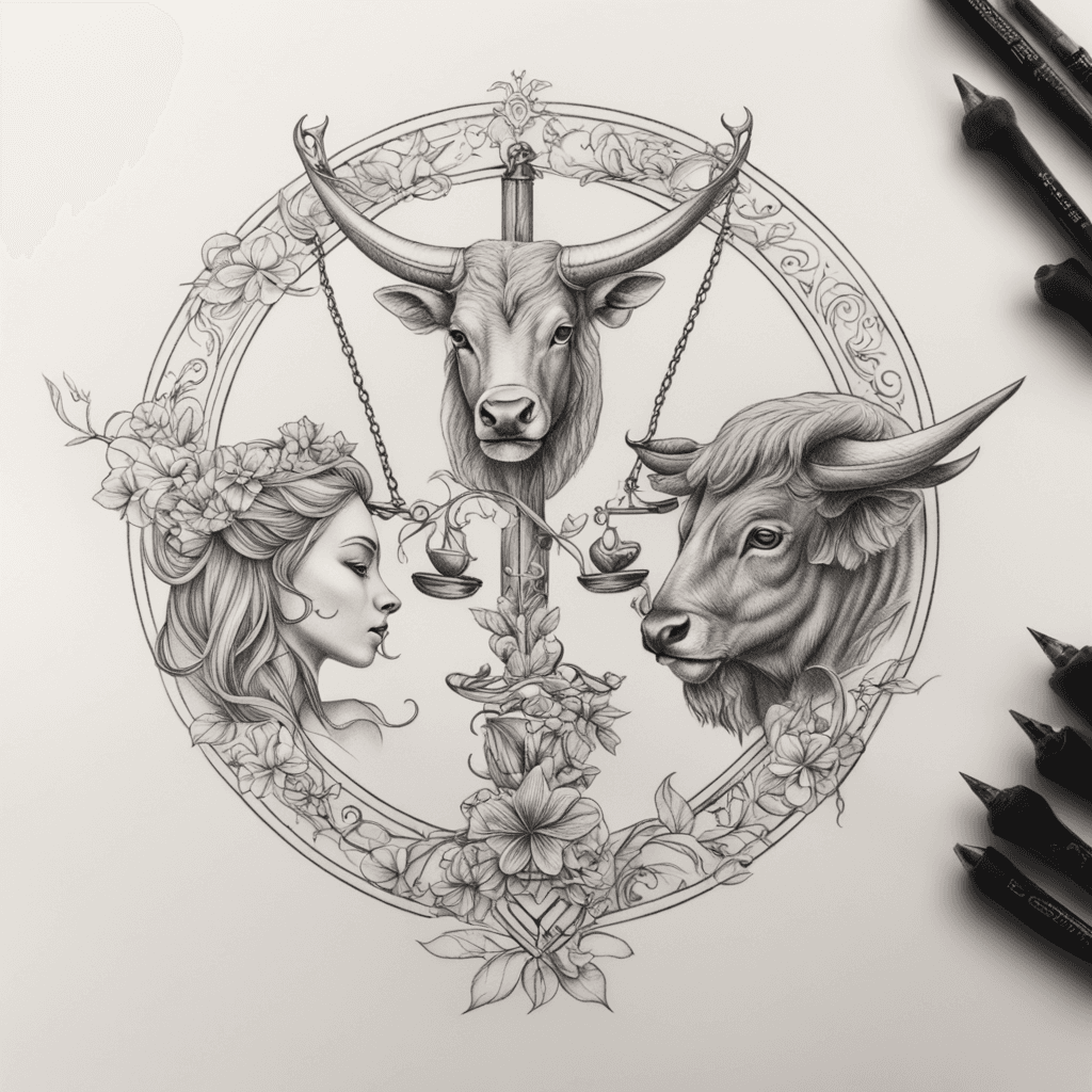 libra and taurus in love couple tattoo