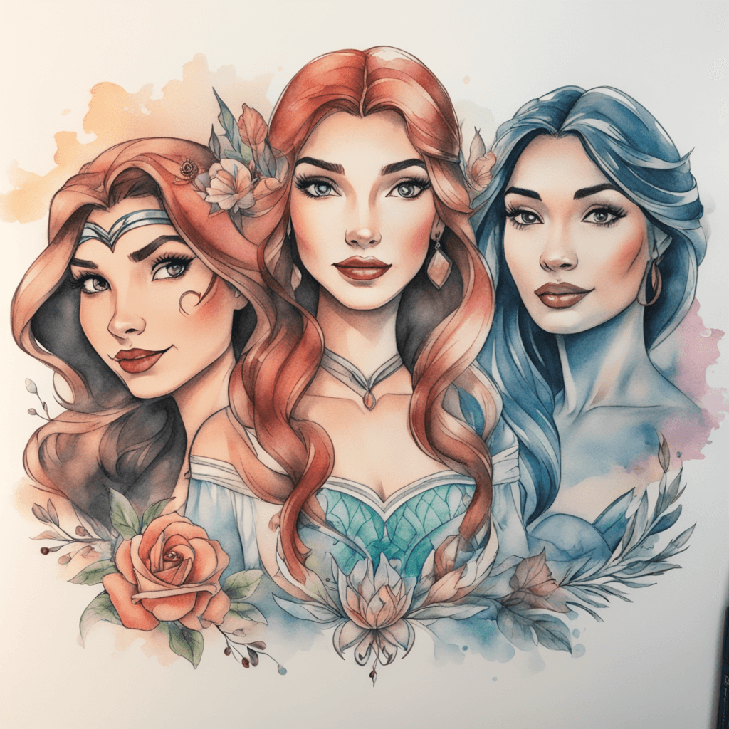 Ariel, Belle, and Pocahontas in a group portrait showcasing their individual personalities
