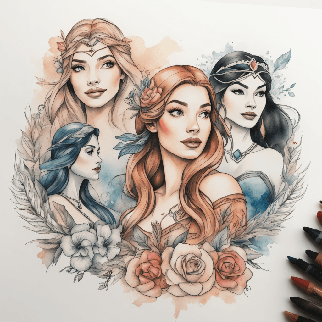 Ariel, Belle, and Pocahontas symbols in a group portrait showcasing their individual personalities