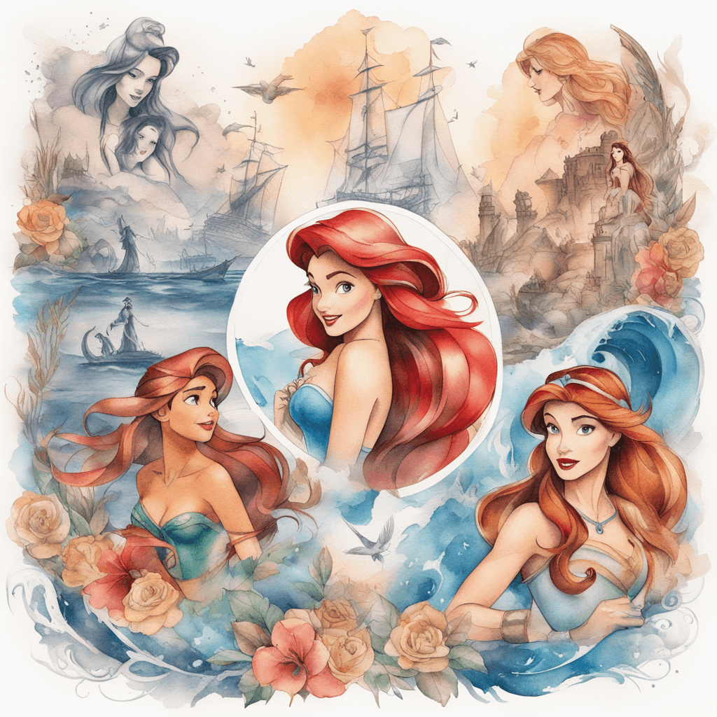 A collage of iconic Disney scenes featuring Ariel, Belle, and Pocahontas in a seamless composition