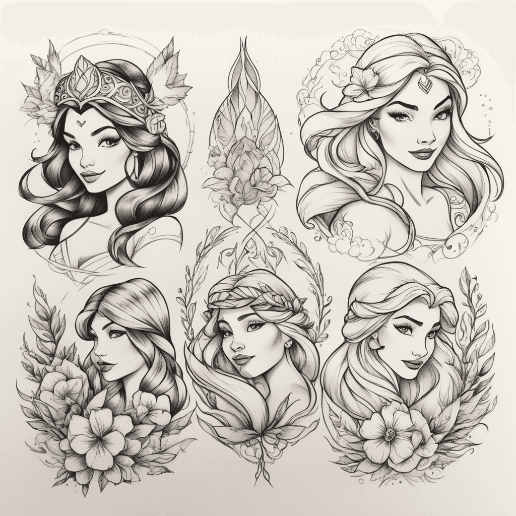 Ariel, Belle, and Pocahontas as stylized line art tattoos, each showcasing their unique personalities