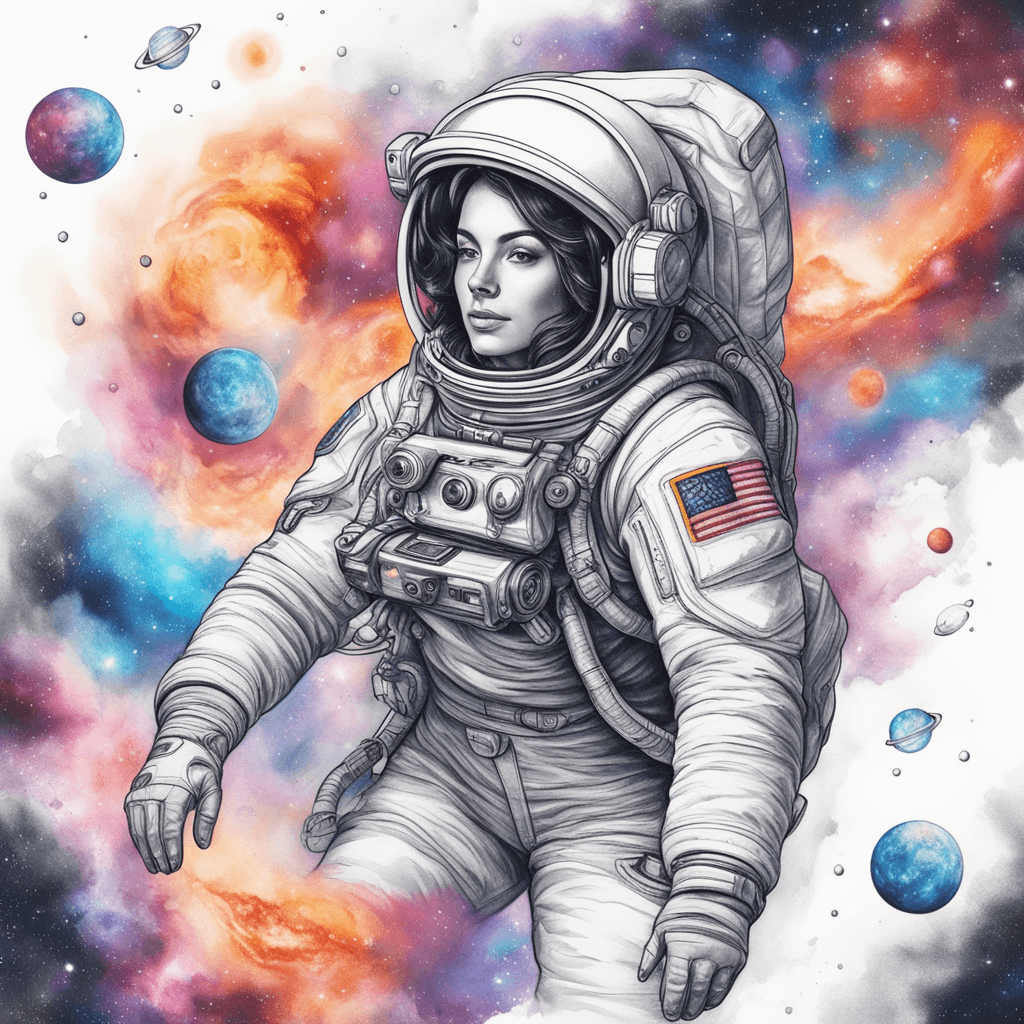 Realistic portrait of a female astronaut floating in space surrounded by colorful galaxies and nebulae on the client's back. 16:9 ratio