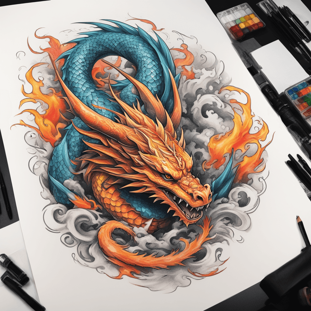 A colorful battlefield with a dragon to tattoo on the customer's back