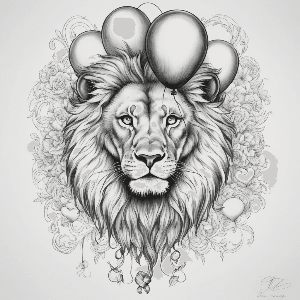 Single color tattoo design where it should remind me that I survived, and my life was saved by my husband, and he should be represented in the tattoo as a young lion holding a heart shaped balloon , The whole body of lion should be visible and more iconic not so realistic.The lion is holding the string of the baloon in the muzzle. the string from the balloon should have a heartbeat symbol.The baloon should be shaded red, and the rest of the image should be black only.