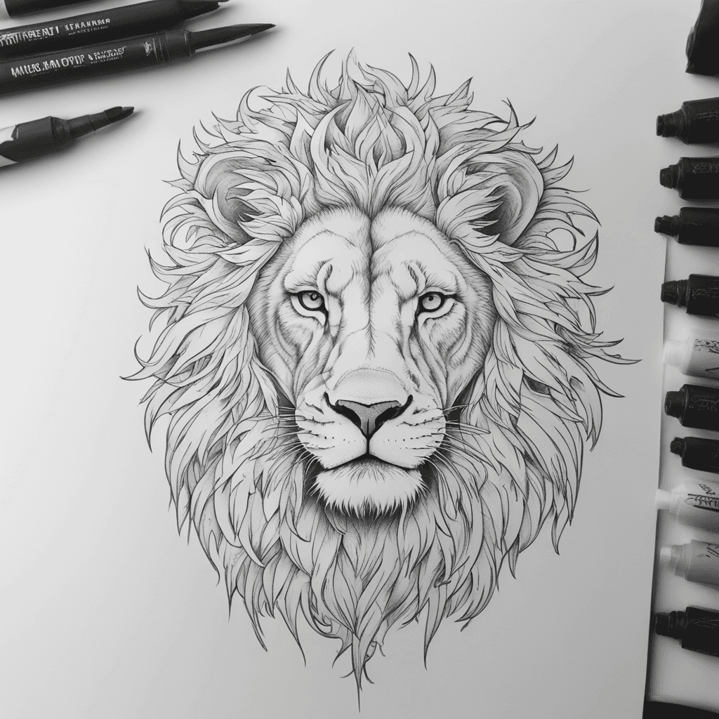Single color tattoo design where it should remind me that I survived, and my life was saved by my husband, and he should be represented in the tattoo as a young lion , The whole body of lion should be visible and more iconic not so realistic.
