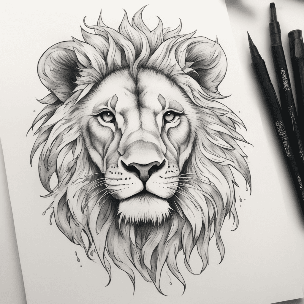Single color tattoo design where it should remind me that I survived, and my life was saved by my husband, and he should be represented in the tattoo as a young lion , The whole body of lion should be visible and more iconic not so realistic.