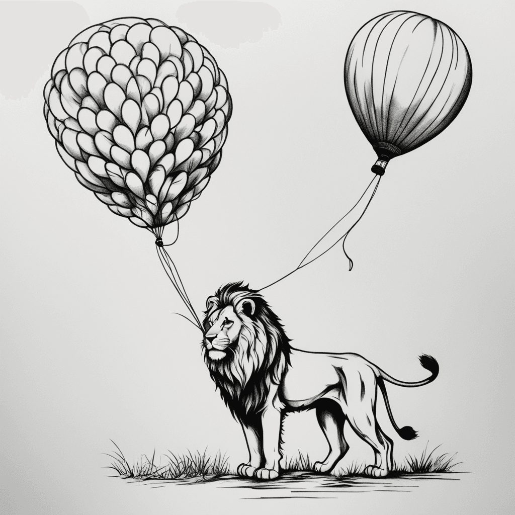 Single color tattoo design where it should remind me that I survived,and my life was saved by my husband, and he should be represented in the tattoo as a young lion holding a heart shaped balloon , The whole body of lion should be visible and more iconic not so realistic.The lion is holding the string of the baloon in the muzzle. the string from the balloon should have a heartbeat symbol.The baloon should be shaded red, and the rest of the image should be black only. the picture should be in the layout of the famouse picture"small princ" 