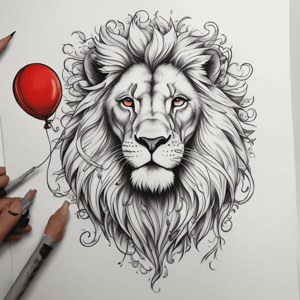 tattoo design where it should remind me that I survived,and my life was saved by my husband, and he should be represented in the tattoo as a young lion holding a  balloon which is red and in Hearth shape. The whole body of lion should be visible and more iconic not so realistic.The lion is holding the string of the baloon in the muzzle. The string from the balloon should have a heartbeat pulse.The baloon should be shaded red, and the rest of the image should be black only. the picture should be in the layout of the famouse picture"small princ" 