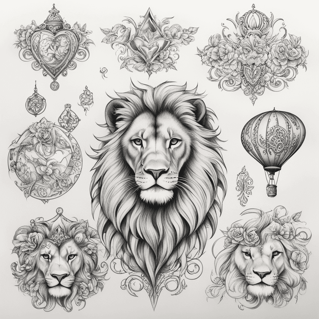 tattoo design should be in the layout of the famouse picture"small princ"  where it should remind me that I survived,and my life was saved by my husband, and he should be represented in the tattoo as a young lion holding a  balloon which is red and in Hearth shape. The whole body of lion should be visible and more abstract not so realistic.The lion is holding the string of the baloon in the muzzle. The string from the balloon should have a heartbeat pulse.