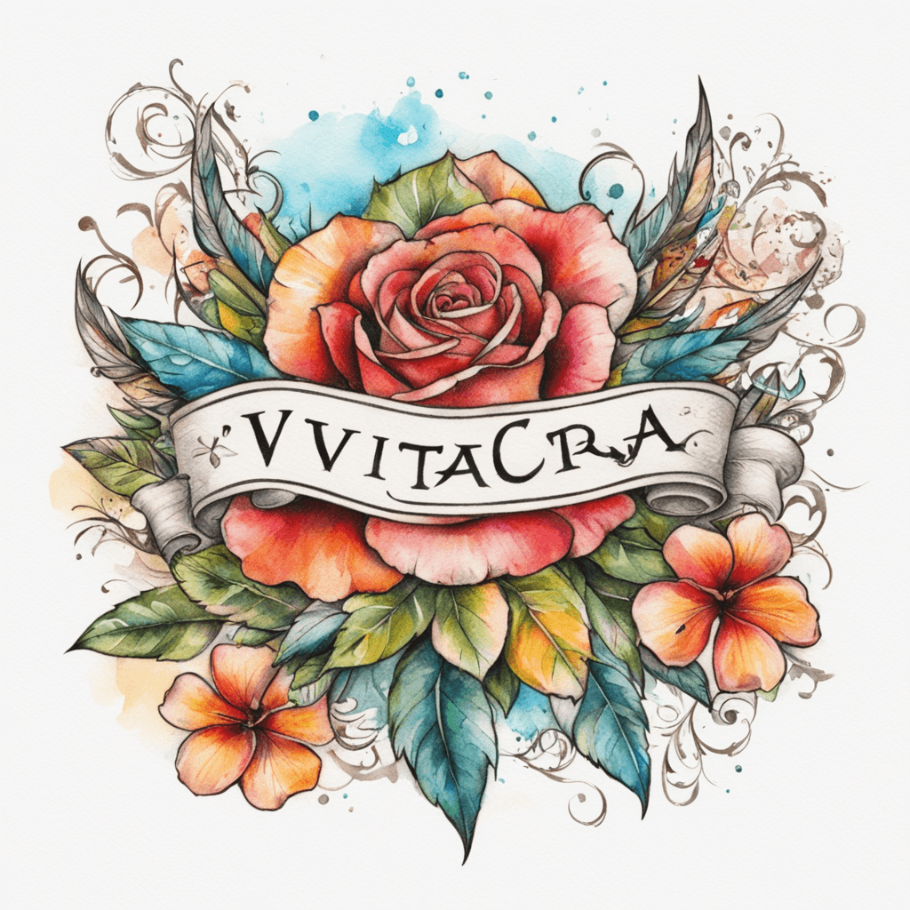 A tattoo with the writing "Viva La Victoria" and decoration around it in color