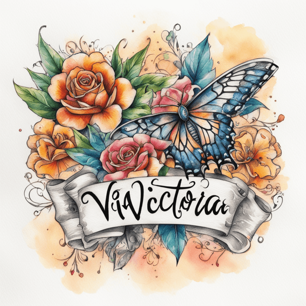 A tattoo with the writing "Viva La Victoria" and decent decoration around it in color