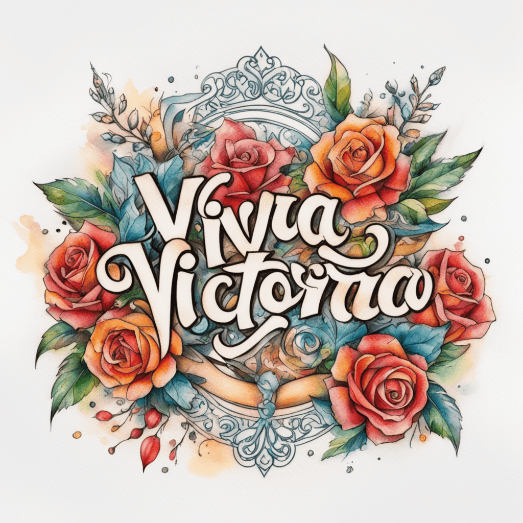 A tattoo with the writing Viva La Victoria and decent decoration around it in color