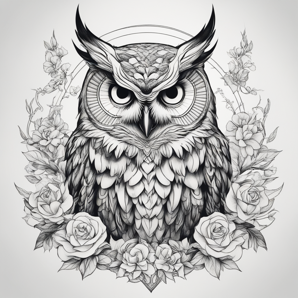 中国传统纹样，正面猫头鹰owl，表情凝视，a gril