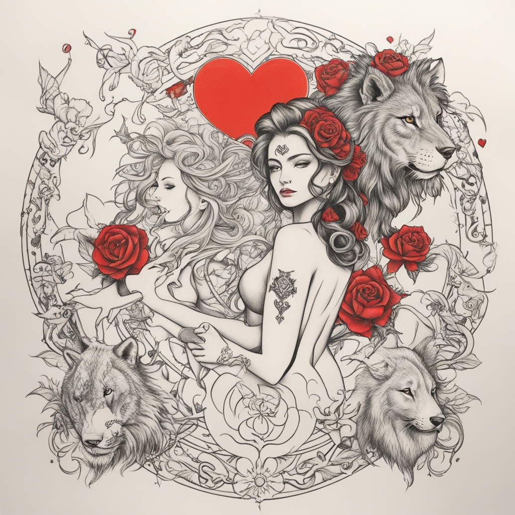 polka trash style tattoo on back, girl with wolf head on left side, girl with lion head on right side, justizia nude in middle with balance pan in left hand, left side of balance is a brain, right side of balance is a heart. black and red higlights