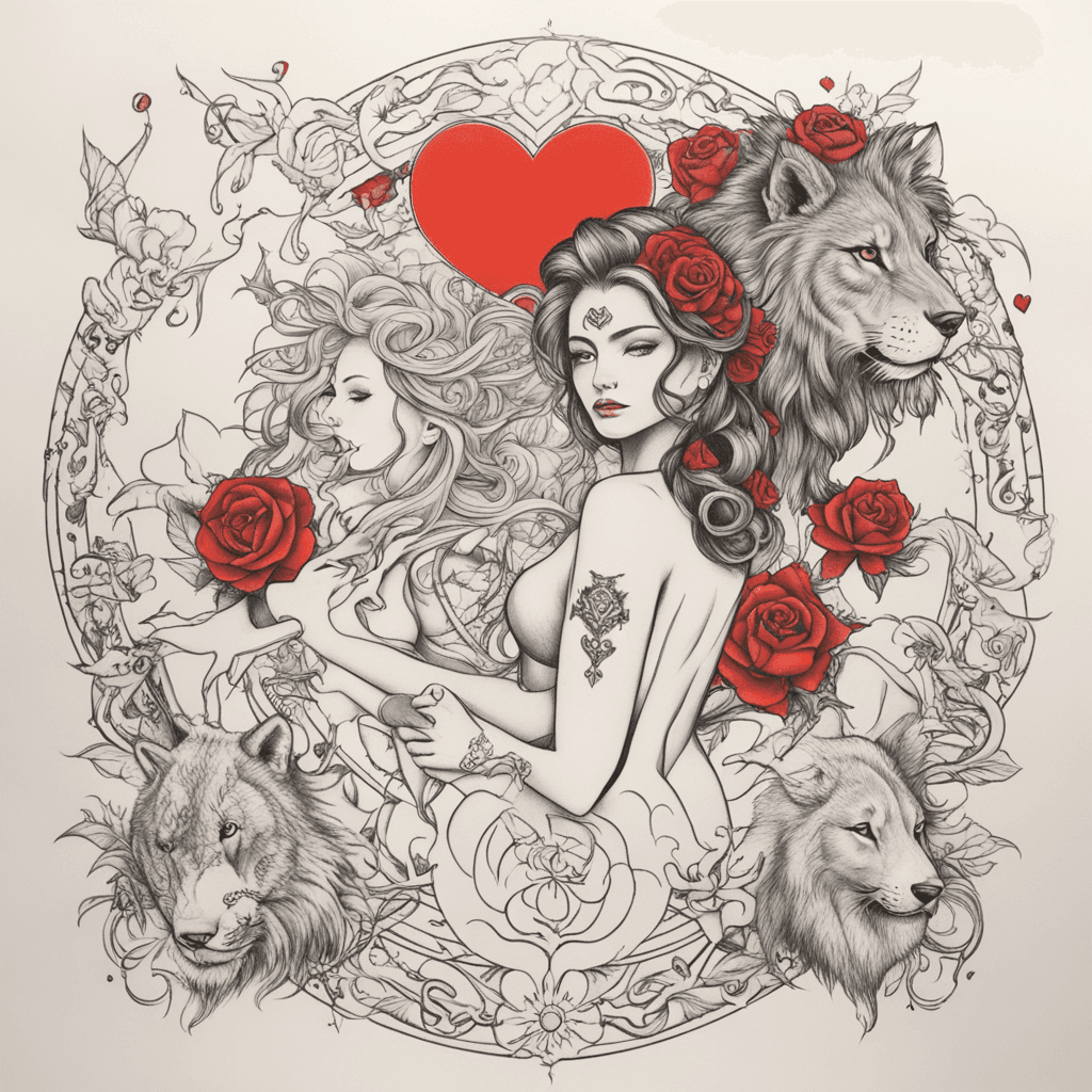 polka trash style tattoo on back, girl with wolf head on left side, girl with lion head on right side, justizia nude in middle with balance pan in left hand, left side of balance is a brain, right side of balance is a heart. black and red higlights