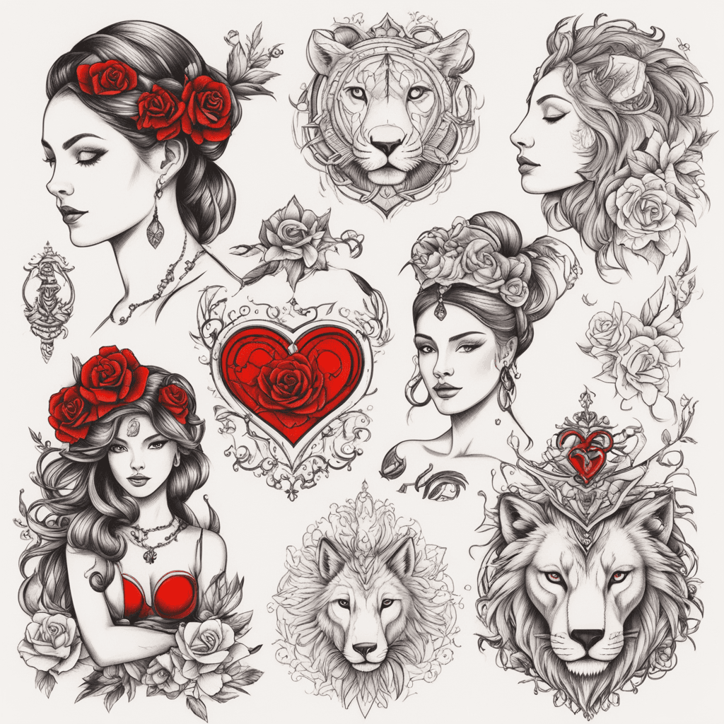 polka trash style tattoo on back, girl with wolf head on left side, girl with lion head on right side, justizia nude in middle with balance, left side of balance is a brain, right side of balance is a heart. black and red higlights