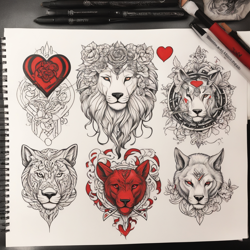 polka trash style tattoo on back, girl with wolf head on left side, girl with lion head on right side, justizia nude in middle with balance, left side of balance is a brain, right side of balance is a heart. black and red higlights