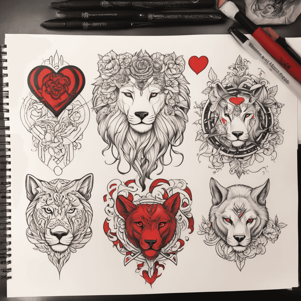 polka trash style tattoo on back, girl with wolf head on left side, girl with lion head on right side, justizia nude in middle with balance, left side of balance is a brain, right side of balance is a heart. black and red higlights