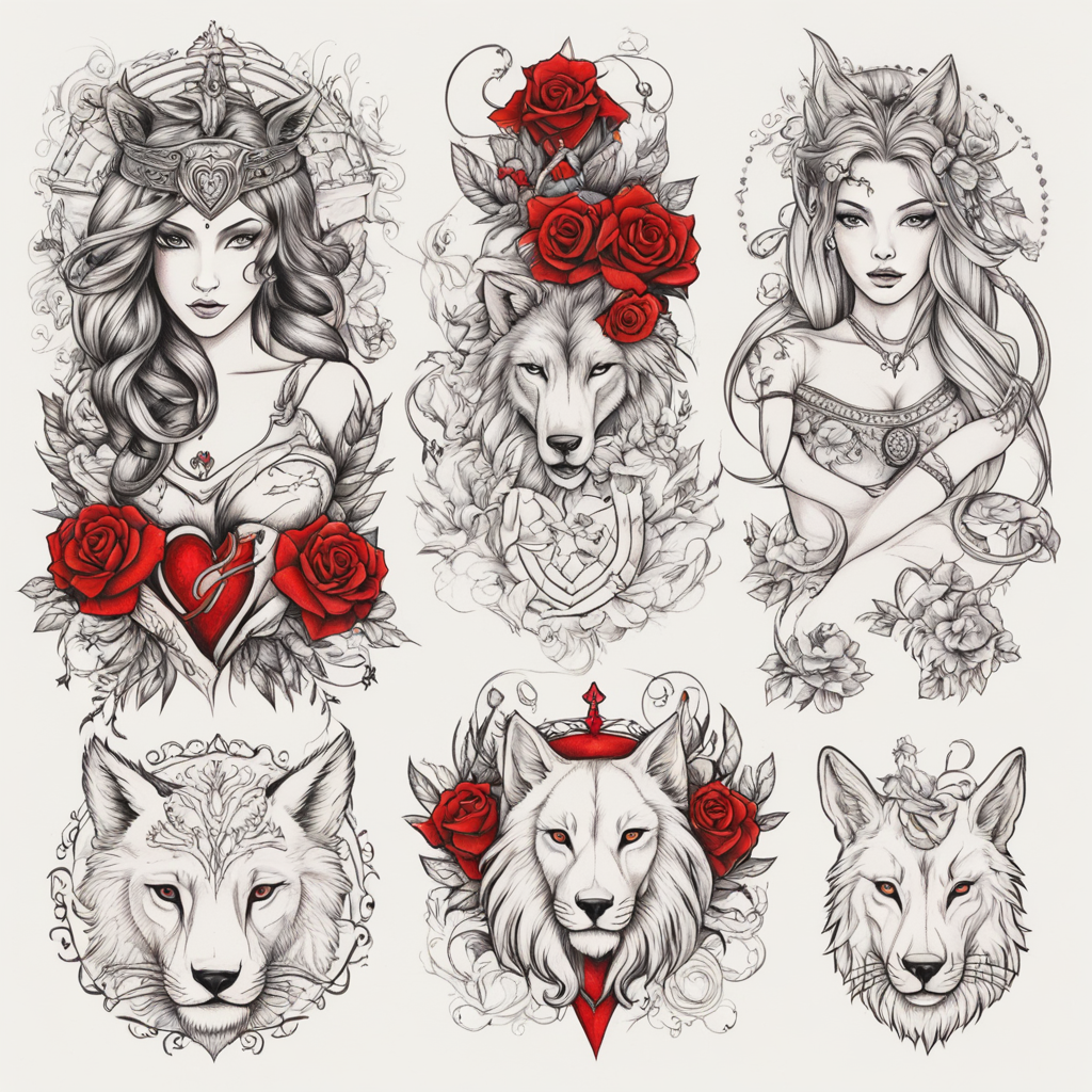 polka trash style tattoo on back, nude girl with wolf head on left side, nude girl with lion head on right side, justizia nude in middle with balance, left side of balance is a brain, right side of balance is a heart. black and red higlights