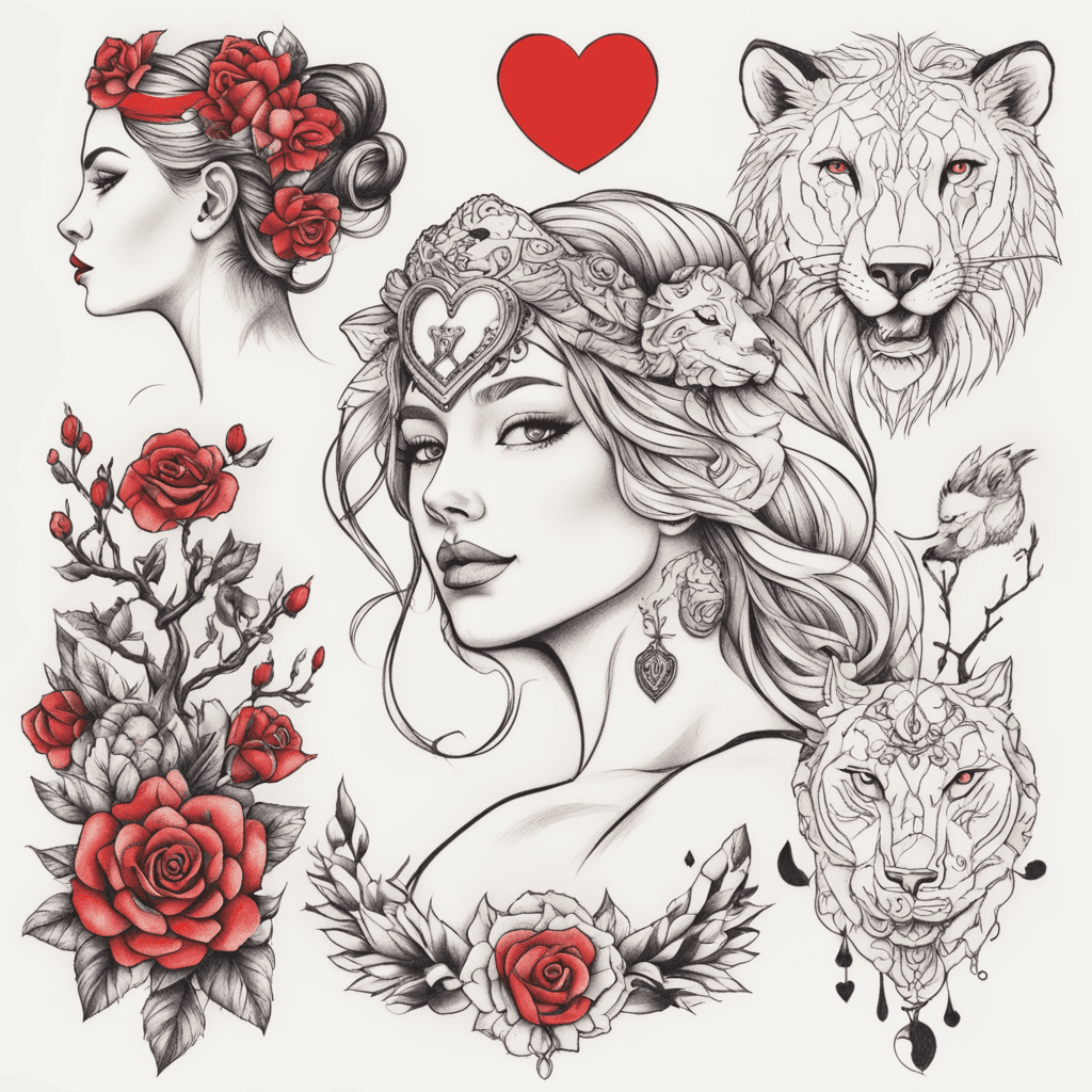 polka trash style tattoo on back, nude girl with wolf head on left side, nude girl with lion head on right side, justizia nude in middle with balance, left side of balance is a brain, right side of balance is a heart. black and red higlights