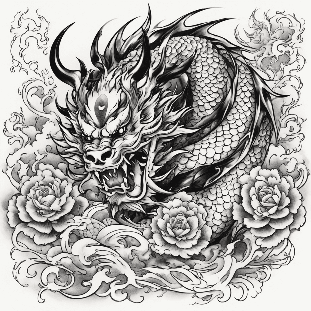 黑白水墨风格，中国龙，兔子，中国龙守护着兔子