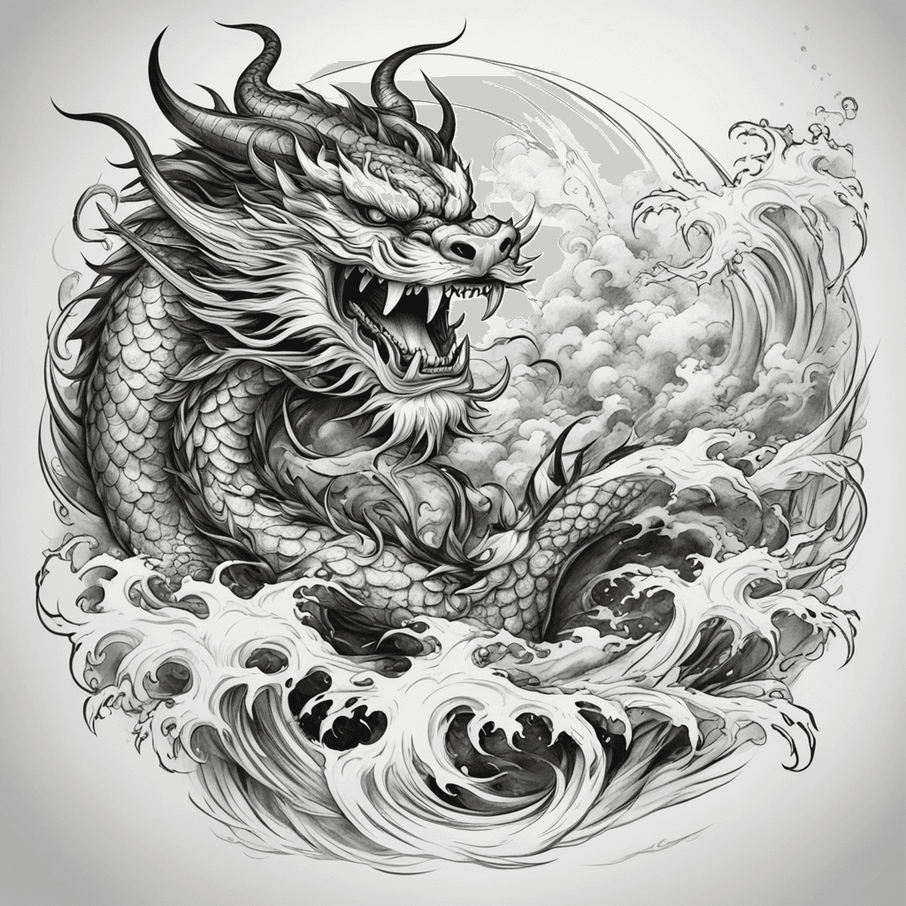 黑白水墨风格，中国龙和兔子