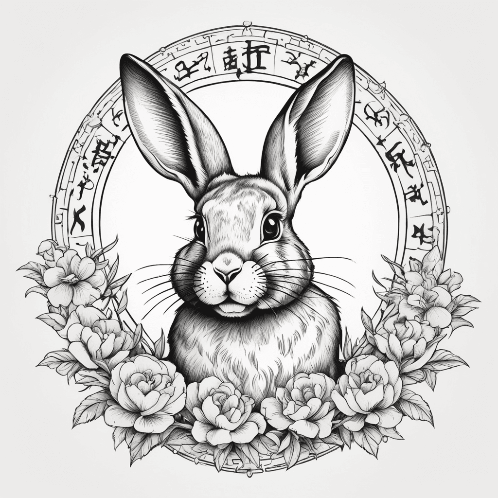 Black and white ink style，Zodiac Rabbit