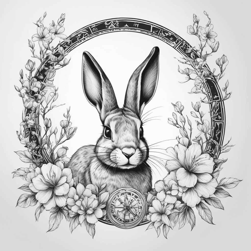 Black and white ink style，Zodiac Rabbit