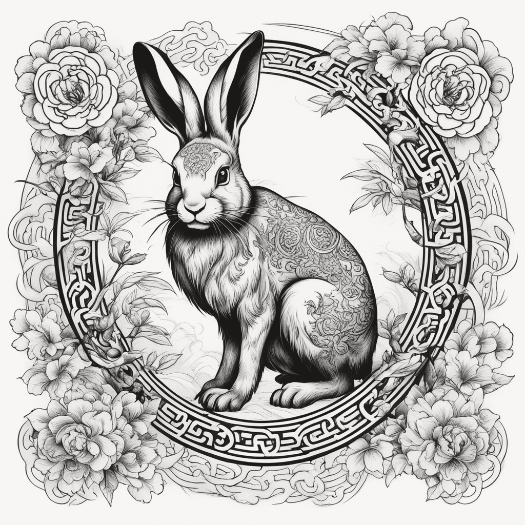 Black and white ink style，Chinese Loong and Zodiac Rabbit