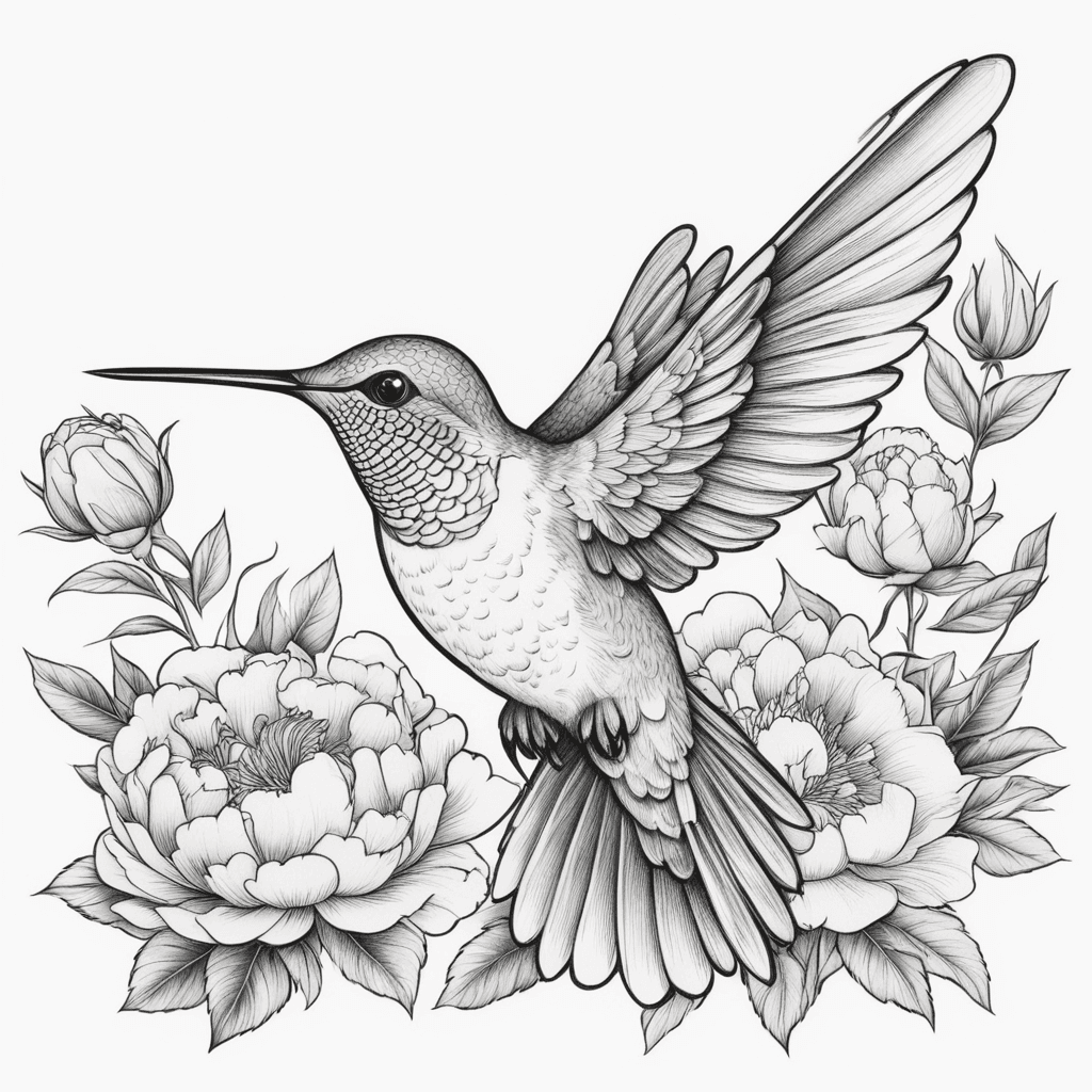Hummingbird in flight with peonies 