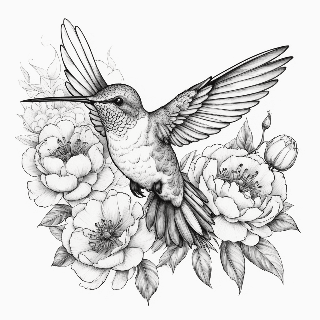 Hummingbird in flight with peonies 