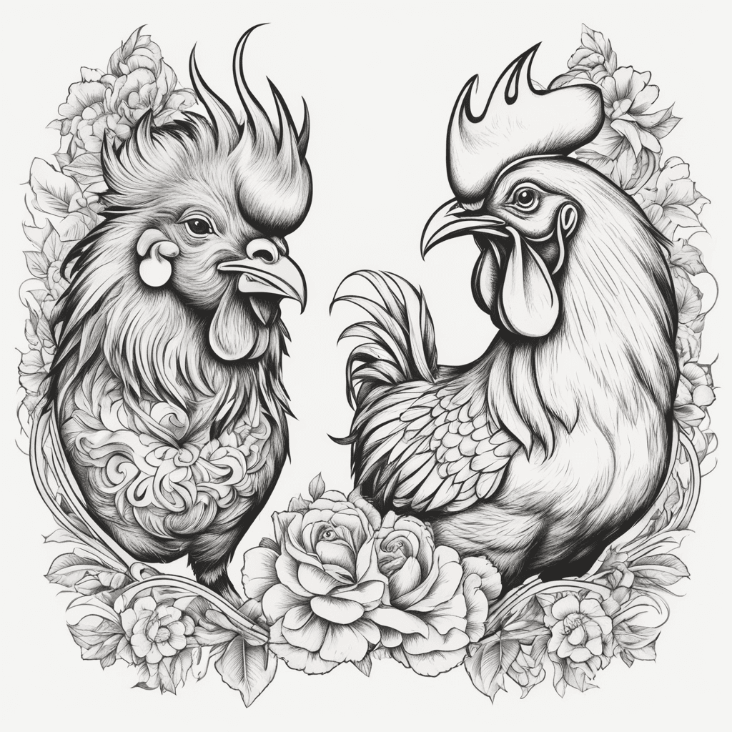 pig and rooster. Sailor  style. the rooster on the top part of the right foot facing left. The pig on the top part of the left foor facing right.